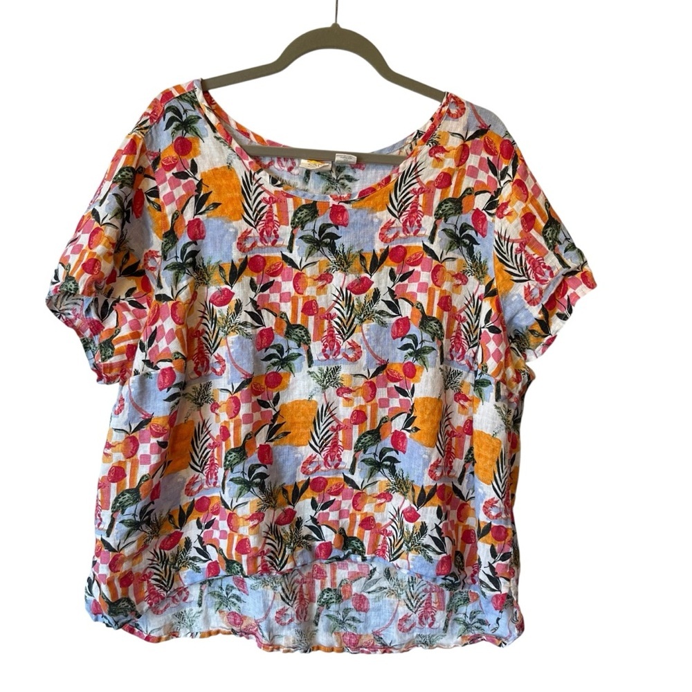 C&C California 100% Linen blouse 2X Colorful Short sleeve shirt Womens top